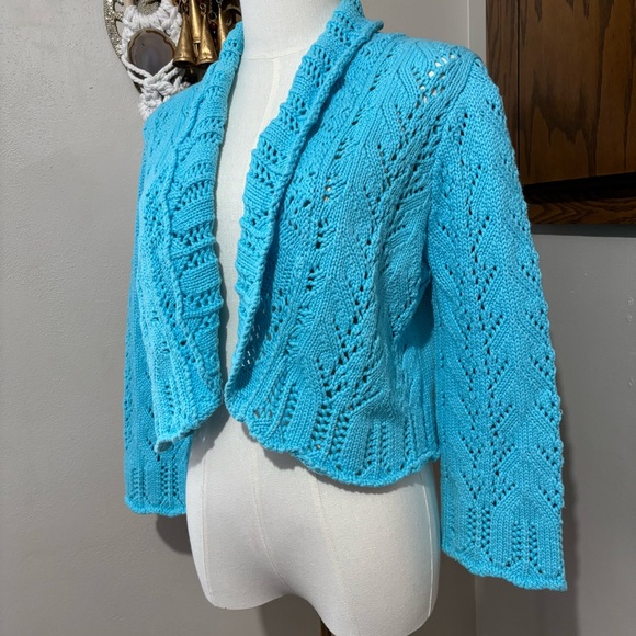 Vtg Blue Crochet Knit Open Front Cardigan Shrug Size Large Ruffles Y2K - Picture 3 of 11